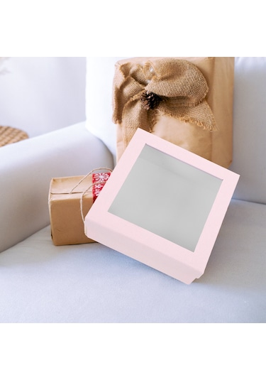 2 Adet Pencereli Hediye Kutusu,şeffaf Pvc Pencereli Pembe Renkli 22x22x7,5