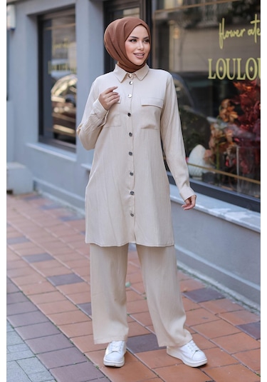 Cep Detaylı Tesettür Bej Takım Bej