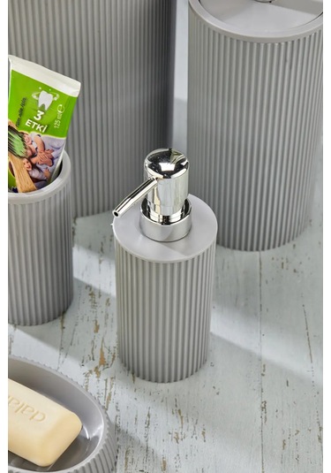 Line 5 Parça Yuvarlak Banyo Seti - Çöp Kovası Wc Fırçası Sıvı-katı Sabunluk Diş Fırças Gri