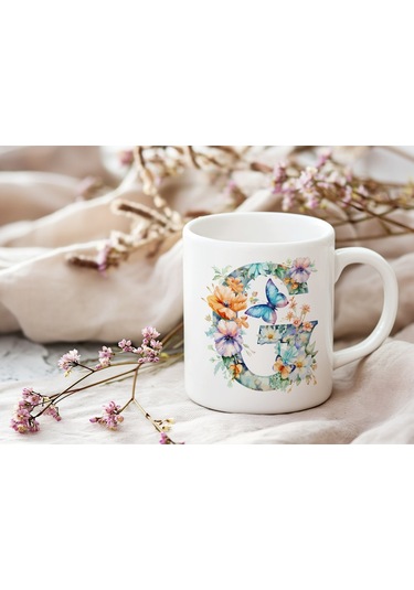 G Harfi Çiçekli Kupa Bardak - Soft Renk Çiçek Ve Kelebek Desenli Zarif Kahve Kupası - Bohem Beyaz