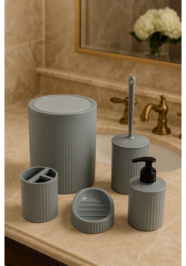 Makri Home 5 Parça Şık Gri Banyo Seti, Hacim: 6 Litre Gri
