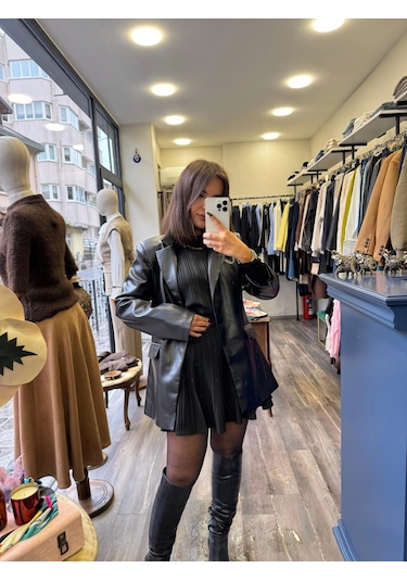 Deri Blazer Ceket - Siyah Siyah