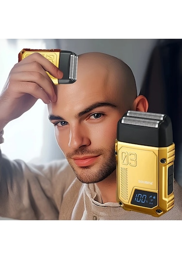 Çift Bıçaklı Ağ Hatteker Taşınabilir Erkek Elektrikli Tıraş Makinesi - Altın Mini Geri Dönüşlü Sakal Düzeltici Lcd Ekranlı, Usb Şarj Edilebilir, Çift Ve Üçlü Baş Seçenekleri İle Geliştirilmiş Bakım
