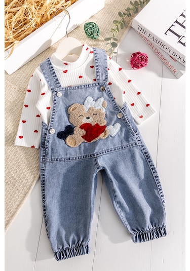 Babymod Ayıcık Figürlü Denim 2'li Kız Bebek Kot Salopet Tulum Mavi