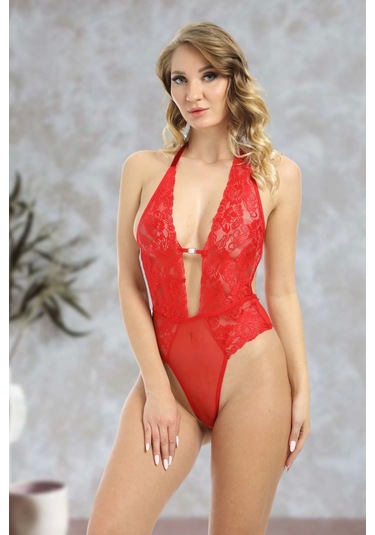 Xmldepot Kırmızı Taşlı Bodysuit - 888 Kırmızı