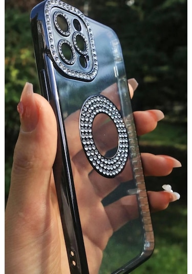 iPhone Uyumlu 13 Pro Kılıf Kamera Korumalı Taş Süslemeli Arkası Şeffaf Redclick Asya Kapak - Siyah