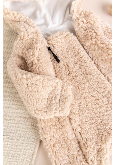 Kapüşonlu Ayıcık Fiğürlü Welsoft Peluş Kışlık Kız/erkek Bebek Tulum Bej
