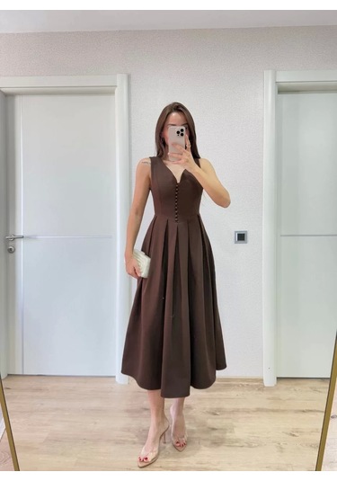 V Yaka Krep Arka Ön Pens Detaylı Uzun Kolsuz Elbise- Kahverengi Kahverengi