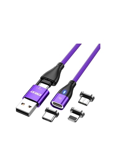 Rogfer Enkay 6'sı 1 Arada Pd60w Usb-a / Type-c - Type-c / 8 Pin / Mikro Usb Manyetik Hızlı Şarj Kablosu, Kablo Uzunluğu:1m Mor