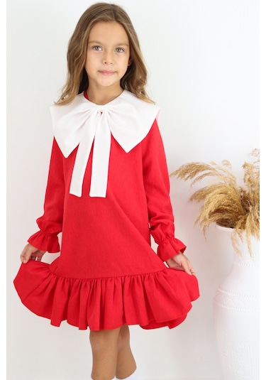 Kız Çocuk Rashel Kırmızı Yakalı Fırfırlı Uzun Kol Keten 23 Nisan 29 Ekim Gösteri Elbisesi Kırmızı
