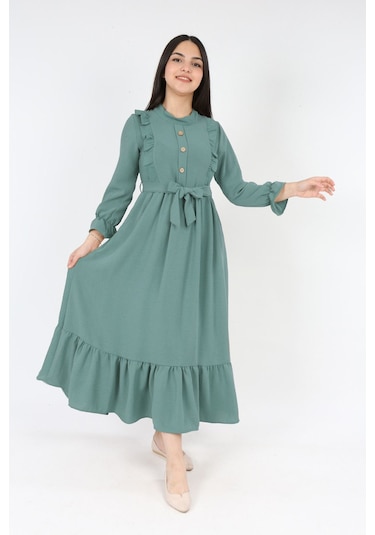 Kiz Cocuk Elbise Aerobin Keten Kumaş Tesettüre Uygun Uzun Boydan Cocuk Elbise Yonca Yeşili