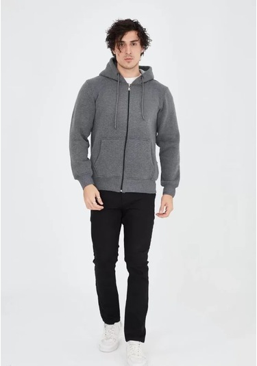 Unisex Tam Fermuarlı Kapşonlu Sweatshirt - Füme Anrasit