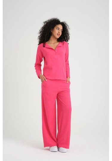 Kadın Dokulu Maya Kumaş Bol Kalıp Salaş Pantolon Uzun Kollu Bluz Ikili Takım 3563320 Pembe