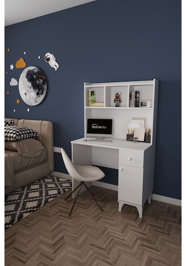 Df09107 Çekmeceli Kapaklı Kitaplıklı Çalışma Masası Beyaz