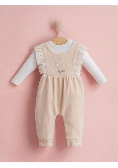 Kız Bebek 2 Li Çiçek İşlemeli Tulum-15270 Bej