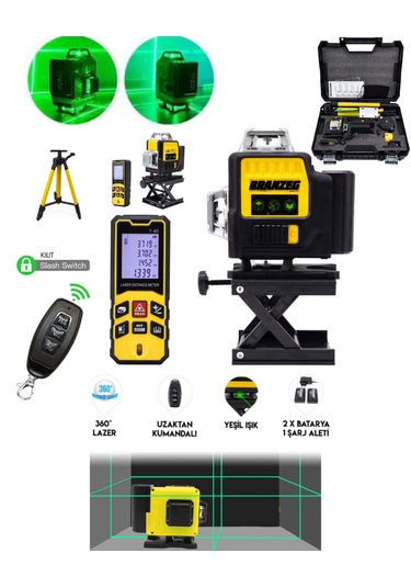 Branzeg 12 Yönlü Lazer Terazi Lazer Metre Seti Çizgi Hizalama Kumandalı Tripotlu Brzlm100