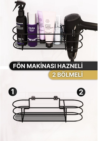 Bino Yapışkanlı Saç Kurutma Makinesi Banyo Düzenleyici Organizer Raf Siyah