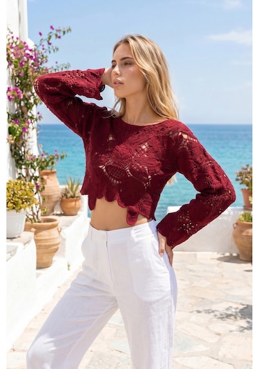 Sayzen Your Shine Dantel Işleme Crop Bluz Sy-shn04 Bordo