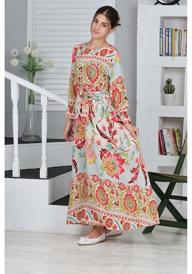 Kız Çocuk Viskon Kumaş Desenli Uzun Elbise Kiremit