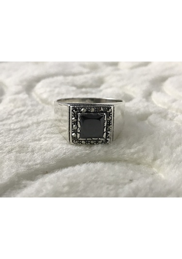 Siyah Zirkon Ve Markazit Taşlı 925 Ayar Gümüş Erkek Yüzük