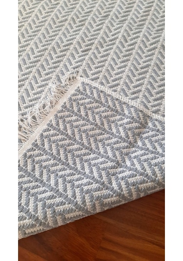 Pamuklu Cotton Kilim Çift Taraflı Yıkanabilir Dekoratif 80x150 - Gri V2 Siyah - Beyaz
