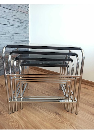 Angelo Black Marble Design 4'lü Zigon Sehpa Metal Krom Nikel Ayaklı E1 Guaranteed Mermer