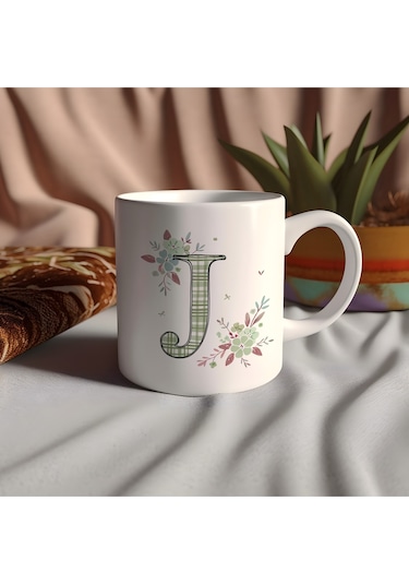 J Harfli Çiçek Desenli Kupa Bardak - Ekose Desenli Yeşil Pembe Desenli Tasarım - Kişiye Özel Hediye Beyaz