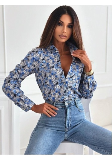 Kadın Uzun Kol Cep Detay Çiçek Baskılı Mosskrep Kumaş Gömlek Mavi
