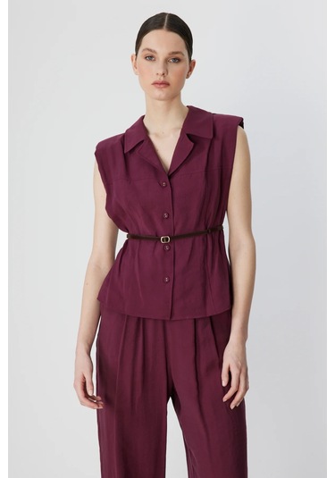 On Fashion Gömlek Vatkalı Kemerli Kolsuz Bordo