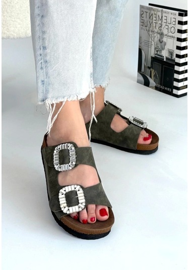 Nool Yeşil Nubuk Terlik Çok Renkli