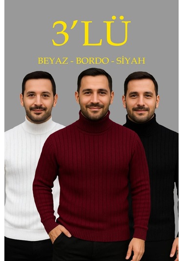 Erkek Fitilli Triko Kazak 3'lü Set Beyaz Bordo Siyah Regular Balıkcı Yaka Tam Boğazlı Triko Seti Mod Beyaz Siyah Bordo