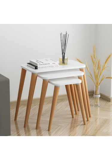 Flora ESTE  Sehpa Ahşap Ayaklı Üçlü Zigon (BEYAZ)