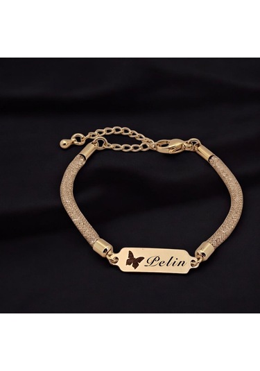 Archin Pelin İsmine Özel Kelebek Motifli 14 Ayar Altın Plakalı Hasır Kordonlu Hediye Bileklik-647isim Pelin