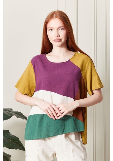 Keten Gökkuşağı Asimetrik Kesim Bluz Renkli Ve Şık Tasarım SAFRAN