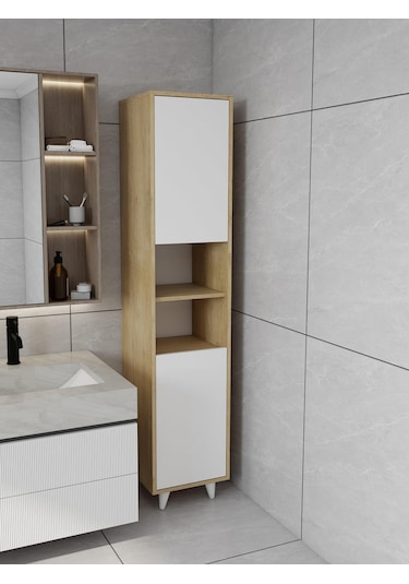 Riva Çamaşır Sepetli Banyo Dolabı Lefkaş Meşe Renk Meşe - Beyaz