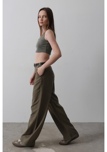 Emh Store Kemerli Palazzo Pantolon - Haki-beyaz Diğer