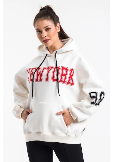 Caya Kadın Ekru Renk Baskı Detaylı Oversize Sweatshirt Cy84191 Beyaz Beyaz