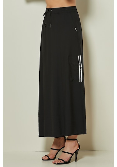 Bağcık Detaylı Siyah Dokuma Etek Siyah