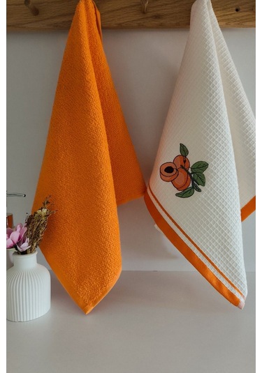 2 Li Mutfak Havlusu %100 Pamuk - Kayısı Nakışlı - 40x60 Cm Turuncu Turuncu