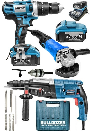 Bulldozer 36V 5Ah Çift Akülü Matkap + 3000 W Kırıcı Delici + 1600 W Devirli Avuç Taşlama