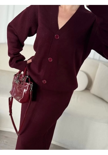 V Yaka 3 Düğmeli Hırka Takım Triko İkili Etekli - Bordo Bordo