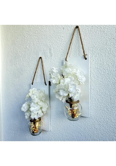 Led Işıklı, Beyaz Bahardalı Çiçekli Duvar Dekoru Beyaz İkili Set Beyaz