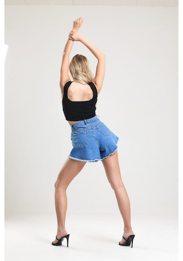 Pass&Pass 2080 Kadın Püsküllü Paça Jeans Denim Kot Şort Mavi