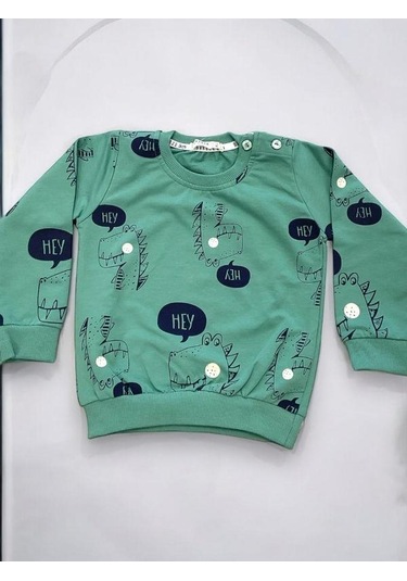 Erkek Bebek Dinazor Baskılı Pamuklu Eşofman Takım-15176 Yesil