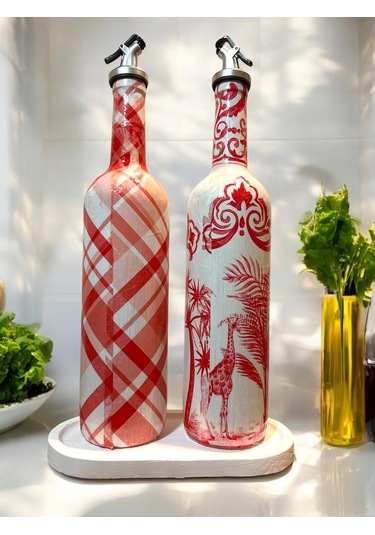 El Yapımı Kırmızı Beyaz Yağdanlık Seti Flamingo Ekose Desenli Cam Şişe, Dekoratif Mutfak & Sofra Ü Açık Pembe
