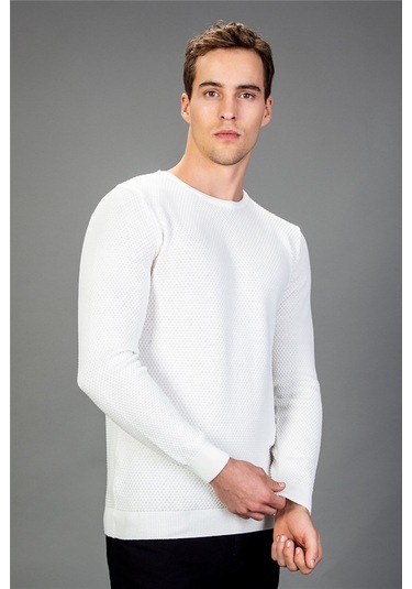 Tudors Slim Fit Dar Kesim Bisiklet Yaka Petek Desenli Erkek Kazak-14927 Beyaz