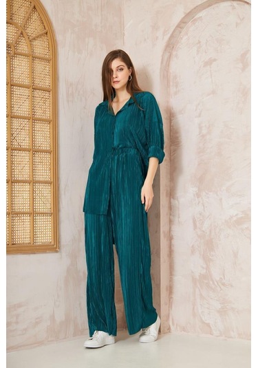 Kadın Pliseli Beli Lastikli Pantolon Tunik Gömlek Ikili Bürümcük Salaş Takım 3573300 Zümrüt