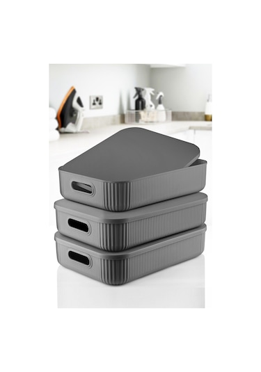 3'lü Set Çok Amaçlı Dekoratif Düzenleyici Kutu Antrasit 6,8lt