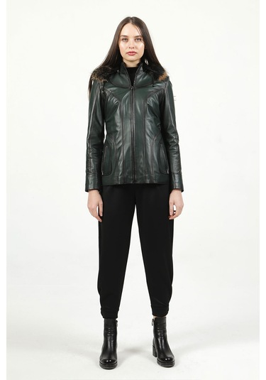 Dericlub Mistral Kadın Kapüşonlu Hakiki Deri Kaban Yeşil Yeşil