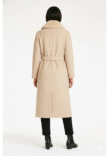 Kadın Kahverengi Bukle Kumaş Uzun Kaban Büyük Yakalı Kışlık Palto Teddy Kaban Taş